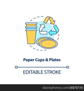 Paper cups and plates concept icon. Food-spoiled paper waste idea thin line illustration. Disposable tableware. Composting and recycling. Vector isolated outline RGB color drawing. Editable stroke. Paper cups and plates concept icon