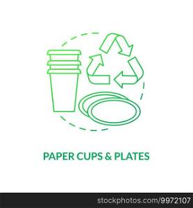 Paper cups and plates concept icon. Food-spoiled paper waste idea thin line illustration. Plastic-free. Renewable and biodegradable material. Vector isolated outline RGB color drawing. Paper cups and plates concept icon