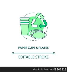 Paper cups and plates concept icon. Spoiled paper waste idea thin line illustration. Disposable tableware. Preventing from breaking down. Vector isolated outline RGB color drawing. Editable stroke. Paper cups and plates concept icon