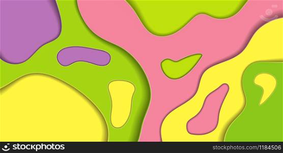 Paper Cut Abstract Background, Cute Kids Colors Green Pink Yellow Purple Layers for Banner or Business Card Design. Trendy Modern Flow Geometry Shapes, Creative Flow Decor. 3d Illustration. Paper Cut Abstract Background, Cute Kids Colors