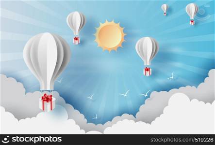 Paper cut and craft of Background with clouds on blue sky.Landscape for sunlight on cloudscape.Summer season Hot concept.Summer time by balloons giftbox floating.design paper art.vector.illustration.
