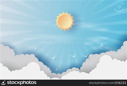 Paper cut and craft of Background with clouds on blue sky.Landscape for sunlight on cloudscape.Summer season Hot concept.Summer time is rays. Creative design paper art style.vector.illustration. EPS10
