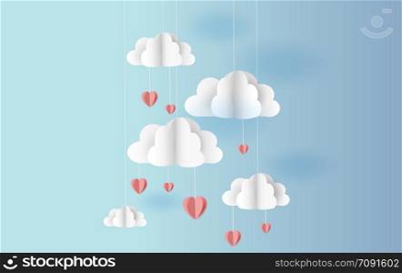 Paper cut and craft of Origami made mobile air balloon in a heart shape hang on blue sky.Valentine and summer season.Creative design holiday concept for graphic card and poster background.vector.EPS10
