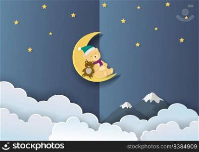 Paper cut and craft style with cute bear sleeping on the moon,vector illustration