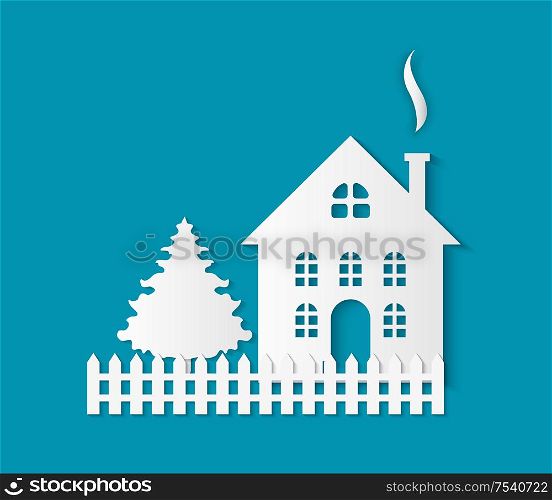 Paper cut building with door and windows, chimney pipe and fence. Vector fir tree spruce and dwelling isolated. Residential real estate building icon. Paper Cut Building with Door and Windows, Chimney