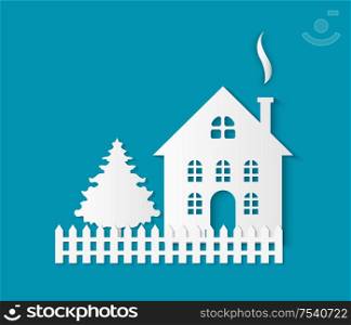 Paper cut building with door and windows, chimney pipe and fence. Vector fir tree spruce and dwelling isolated. Residential real estate building icon. Paper Cut Building with Door and Windows, Chimney