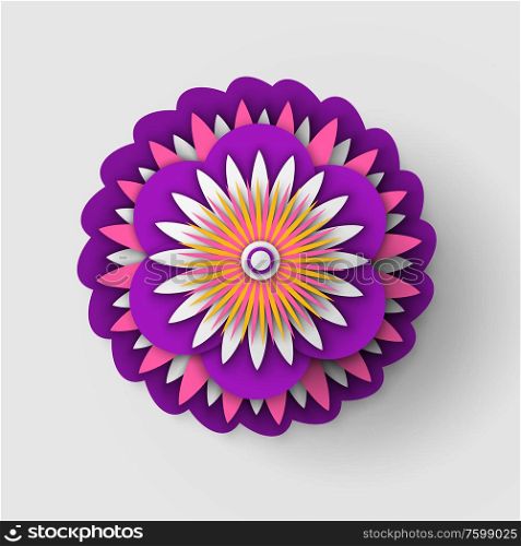 Paper cut design with flower vector composition, floral paper with petals blossom origami style isolated icon vector. Flowering decor made of papers. Paper Cut Vector Design Bud, Flower Composition