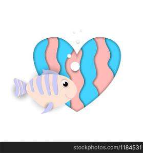 Paper cut fish flow on heart isolated on white background, blue and pink colors design element for baby shower greeting card, Valentine day sticker. Love symbol, 3d Vector Illustration, icon, clip art. fish flow at paper cut heart on white background