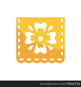 Paper cut flag garland with floral ornament isolated icon. Vector Dia de los muertos bunting decor. Bunting papercut flag, floral motif card icon