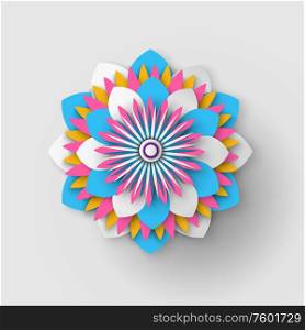 Paper cut flower isolated Japanese origami. Vector blossom folder in decorative shapes and figures, buds and leaves on grey, realistic card decor. Japanese Origami Flower Isolated Paper Cut Vector