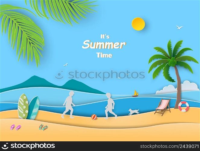 Paper cut happy child on summertime relaxation with view of blue sea and equipment on sand beach,vector illustration