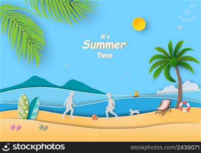 Paper cut happy child on summertime relaxation with view of blue sea and equipment on sand beach,vector illustration