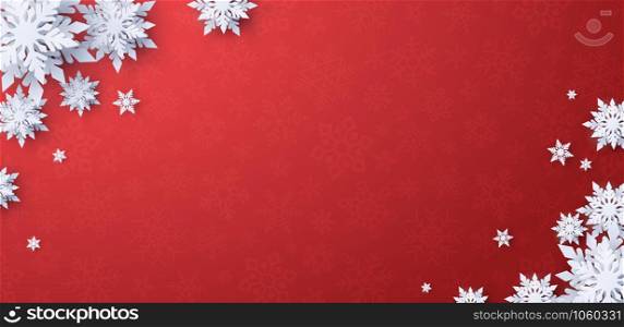 Paper cut Merry Christmas with snowflake on red background