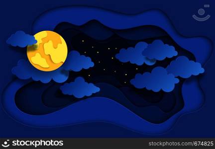 Paper cut night sky. Dreamy background with moon stars and clouds, abstract fantasy background. Vector origami styling design backdrop illustration. Paper cut night sky. Dreamy background with moon stars and clouds, abstract fantasy background. Vector origami backdrop
