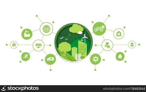 Paper cut of eco technology or environmental technology concept modern green city and plant leaf growing inside. Eco-friendly urban lifestyle with icons over the network connection. vector design.