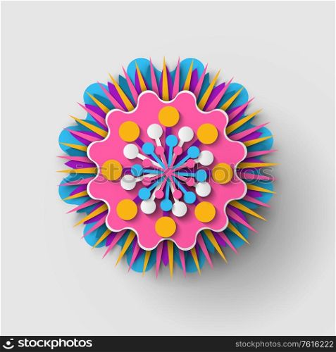 Paper cut origami of flower, colorful blossom ornament with shadow, 3d view of floral symbol, greeting or poster decorated by bouquet, festive vector. Poster Decorated by Bouquet, Flower Origami Vector