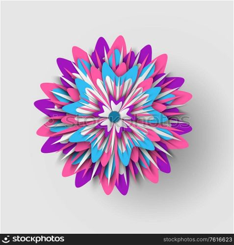 Paper cut origami of flower, colorful blossom ornament with shadow, 3d view of floral symbol, greeting or poster decorated by bouquet, festive vector. Poster Decorated by Bouquet, Flower Origami Vector