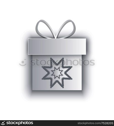 Paper cut out box with snowflake, decorated by bow, icon with shadow. Greeting cards with wrapped gift, present package on New Year holly eve, vector. Paper Cut Out Box with Snowflake, Decorated by Bow