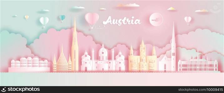 Paper cut, Paper Art, Origami, Postcard And Poster, Austria Colorful Architecture, Travel Landmarks with Love Balloons for Advertising, Wallpaper, Tour vienna with Panorama View Capital Colorful.