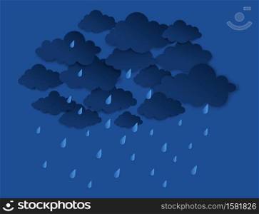 Paper cut rainy sky. Group of dark clouds with raindrops. Origami weather forecast template. Meteorology symbol fallout, thunderstorm theme. Night storm in blue colors. Vector climate illustration. Paper cut rainy sky. Dark clouds with raindrops. Origami weather forecast template. Meteorology symbol fallout, thunderstorm theme. Night storm in blue colors, vector climate illustration