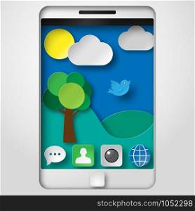 Paper cut shadow box smartphone with icons and background. Vector illustration. Vector illustration paper cut shadow box smartphone with icons and background