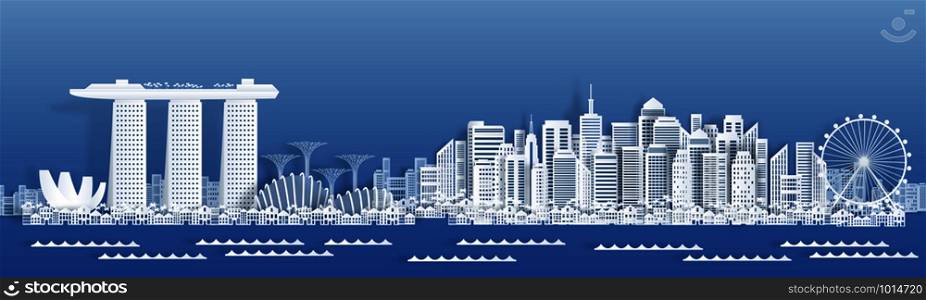 Paper cut Singapore. Travel banner with cityscape, famous tourist Singapore landmarks in paper style. Vector illustration white city buildings for posters and holiday cards for traveler. Paper cut Singapore. Travel banner with cityscape, famous tourist Singapore landmarks in paper style. Vector white city buildings
