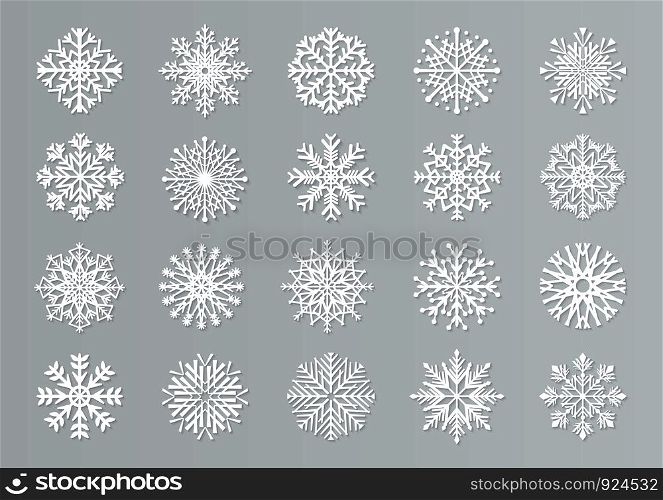 Paper cut snowflakes. White 3D Christmas design templates for decoration and greeting cards. Vector handmade isolated white paper cutout snow elements set. Paper cut snowflakes. White 3D Christmas design templates for decoration and greeting cards. Vector isolated paper snow set
