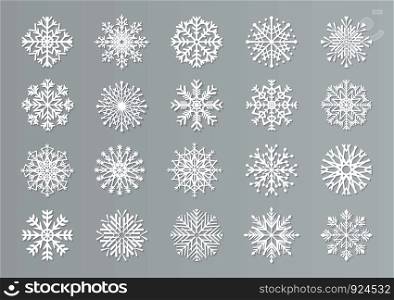 Paper cut snowflakes. White 3D Christmas design templates for decoration and greeting cards. Vector handmade isolated white paper cutout snow elements set. Paper cut snowflakes. White 3D Christmas design templates for decoration and greeting cards. Vector isolated paper snow set