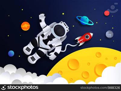 Paper cut space. Cartoon astronaut in cosmos with spaceship stars and planets, spaceman in galaxy. Vector art origami background with cosmonaut travelling to stratosphere in rocket. Paper cut space. Cartoon astronaut in cosmos with spaceship stars and planets, spaceman in galaxy. Vector background with cosmonaut