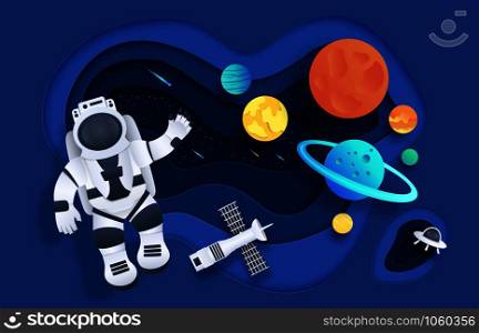 Paper cut space. Cartoon cosmonaut in open space with stars rocket spaceship planets and clouds. Vector illustration flat astronaut in cosmos, speed technology future victory people. Paper cut space. Cartoon cosmonaut in open space with stars rocket spaceship planets and clouds. Vector astronaut in cosmos