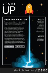 Paper cut startup infographic flyer template with space rocket - dark version. Startup infographic flyer template with rocket on black