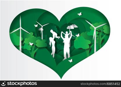 Paper cut style of family having fun playing in the heart green town