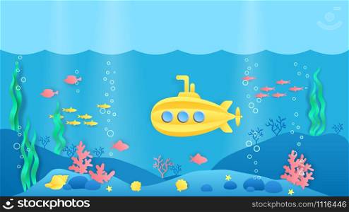 Paper cut submarine. Underwater ocean landscape with fish, seaweeds and coral reef in cartoon paper style. Vector illustration flat marine scene with yellow underwater transportation objects. Paper cut submarine. Underwater ocean landscape with fish, seaweeds and coral reef in cartoon paper style. Vector marine scene