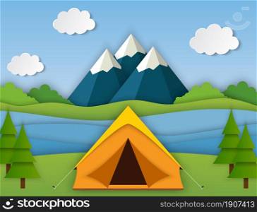 Paper cut summer landsape. Landscape with yellow tent, forest and mountains on the background. Adventures in nature, vacation, and tourism vector illustration.. Summer camp. Landscape with yellow tent,
