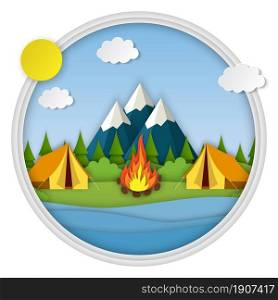 Paper cut summer landsape. Landscape with yellow tent, forest and mountains on the background. Adventures in nature, vacation, and tourism vector illustration.. Summer camp. Landscape with yellow tent,