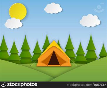 Paper cut summer landsape. Landscape with yellow tent, forest on the background. Adventures in nature, vacation, and tourism vector illustration.. Summer camp. Landscape with yellow tent,