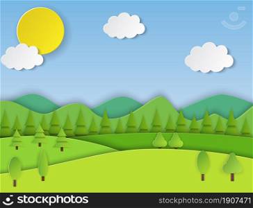 Paper cut summer landsape. Summer landscape with green hills and blue sky, white clouds. Vector illustration. Paper field landscape.