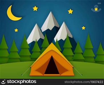 Paper cut summer night landsape. Landscape with yellow tent, forest and mountains on the background. Adventures in nature, vacation, and tourism vector illustration.. Summer camp. Landscape with yellow tent,