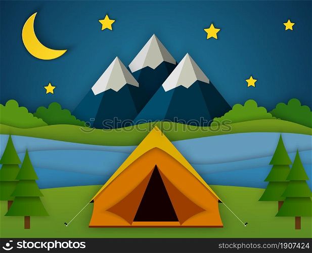 Paper cut summer night landsape. Landscape with yellow tent, forest and mountains on the background. Adventures in nature, vacation, and tourism vector illustration.. Summer camp. Landscape with yellow tent,