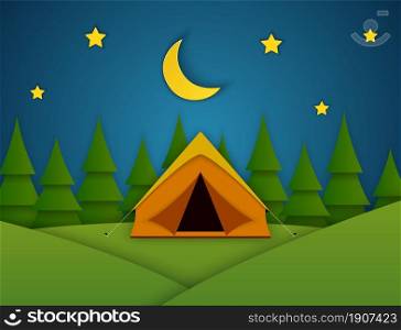 Paper cut summer night landsape. Landscape with yellow tent, forest on the background. Adventures in nature, vacation, and tourism vector illustration.. Summer camp. Landscape with yellow tent,