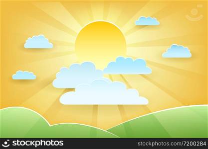 Paper Cut Sunny Landscape with clouds and meadows. Vector illustration.