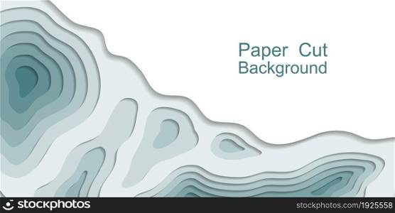 Paper cut topography 3d background. Multi layers, origami relief map. Sea water papercut web banner, smooth topo lines, teal color modern trensy design. Vector illustration