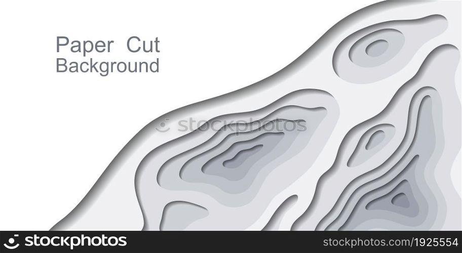 Paper cut topography background, 3d multi layers. Abstract origami vector papercut design ??? for web banner. Gray and white, sea water topo lines.