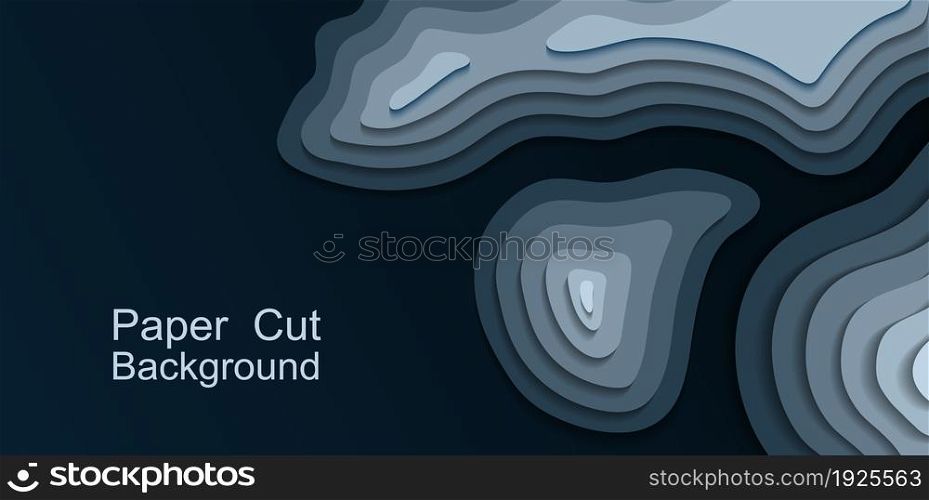 Paper cut topography background. Dark blue area relief map with hills and mountain, or islands in ocean. Origami 3d multi layers. Modern trandy paper design for banner. Vector illustration
