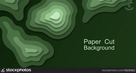 Paper cut topography background. Green area relief map with hills and mountain, or islands in ocean. Origami 3d multi layers. Modern trandy paper design for banner. Vector illustration