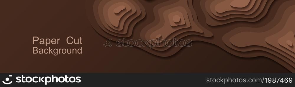 Paper cut topography background. Topographic relief map design for web banner. Coffee or chocolate dark brown color papercut. Vector illustration
