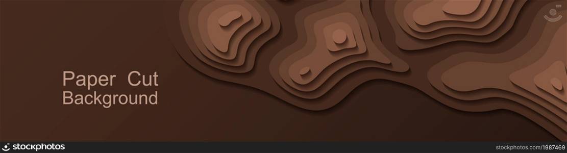 Paper cut topography background. Topographic relief map design for web banner. Coffee or chocolate dark brown color papercut. Vector illustration