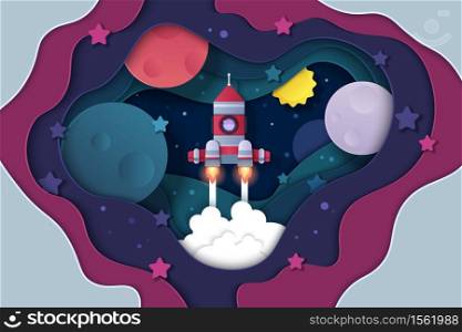 Paper cut universe. Cartoon cutout space background with stars planets and rocket, start up and travel concept. Vector illustrations space ship template. Paper cut universe. Cartoon cutout space background with stars planets and rocket, start up and travel concept. Vector space ship template