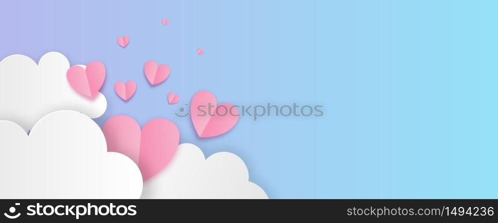 Paper cut valentines day origami web banner in pastel colors. Cute love holiday horizontal banner design. Pink heart in sky cloud.. paper cut valentines day origami web banner
