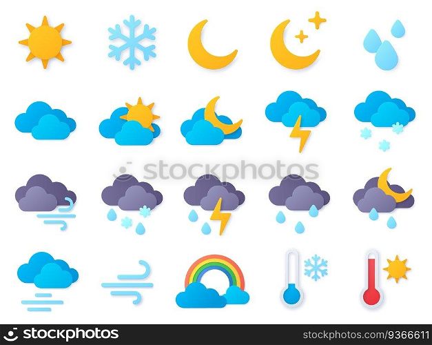 Paper cut weather icons. Symbols of rain, rainbow, sun, hot and cold temperature, winter snow and cloud. Meteo forecast pictogram vector set. Rain weather, paper craft meteorology icons illustration. Paper cut weather icons. Symbols of rain, rainbow, sun, hot and cold temperature, winter snow and cloud. Meteo forecast pictogram vector set